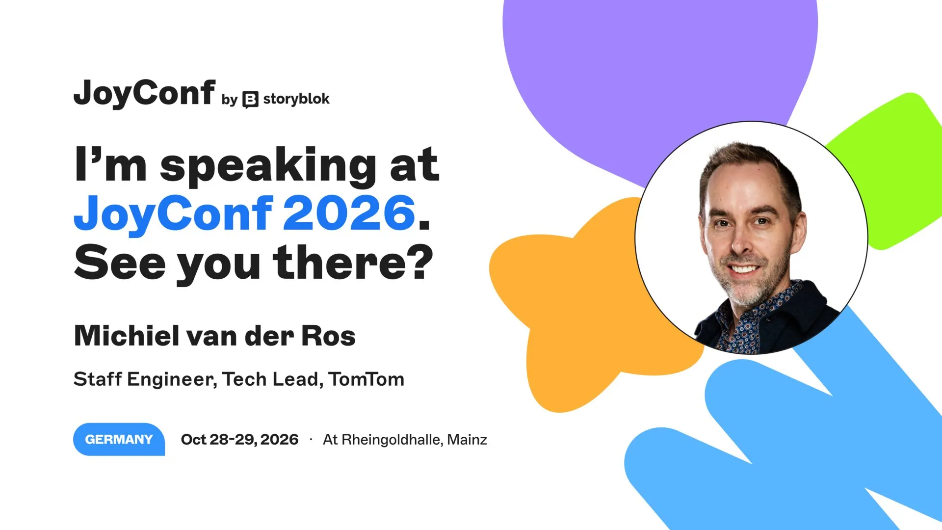 JoyConf 2026 speaker card for Michiel van der Ros, Staff Engineer and Tech Lead at TomTom, Rheingoldhalle Mainz