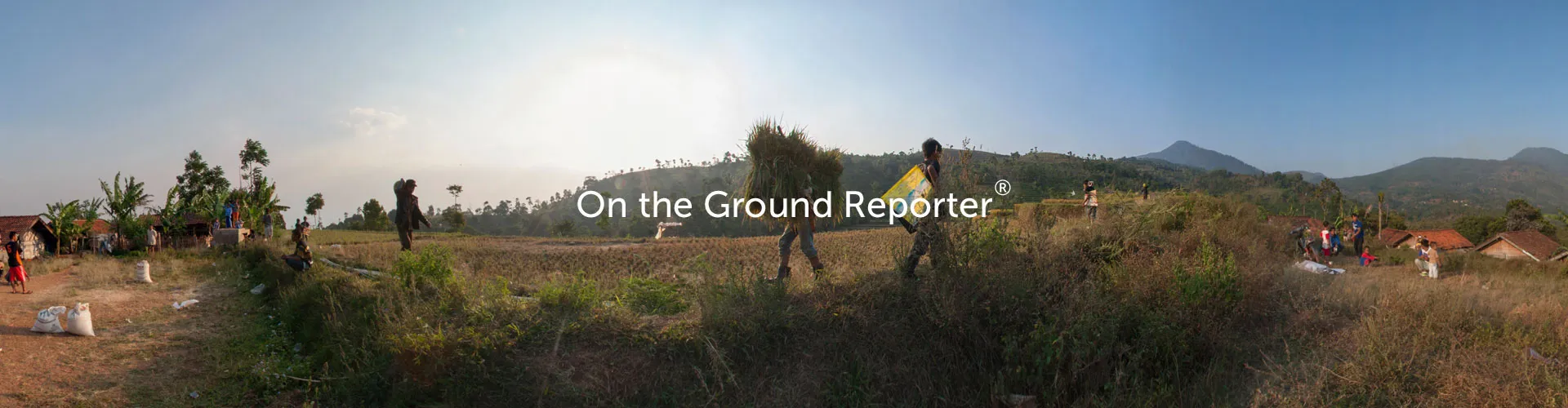 On the Ground Reporter logo over a panorama of rice field workers in Indonesia