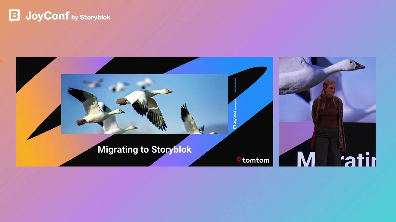 The Migrating to Storyblok slide with flying geese, next to Danielle van Zuijlen on stage at JoyConf 2025